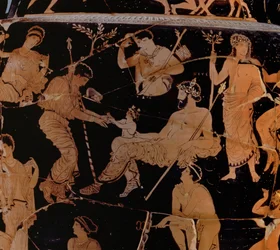 De Geboorte van Dionysus, Proto-Apulische roodfigurige krater, laat 5e eeuw v.Chr. - vroege 4e eeuw v.Chr. (keramiek) (detail)